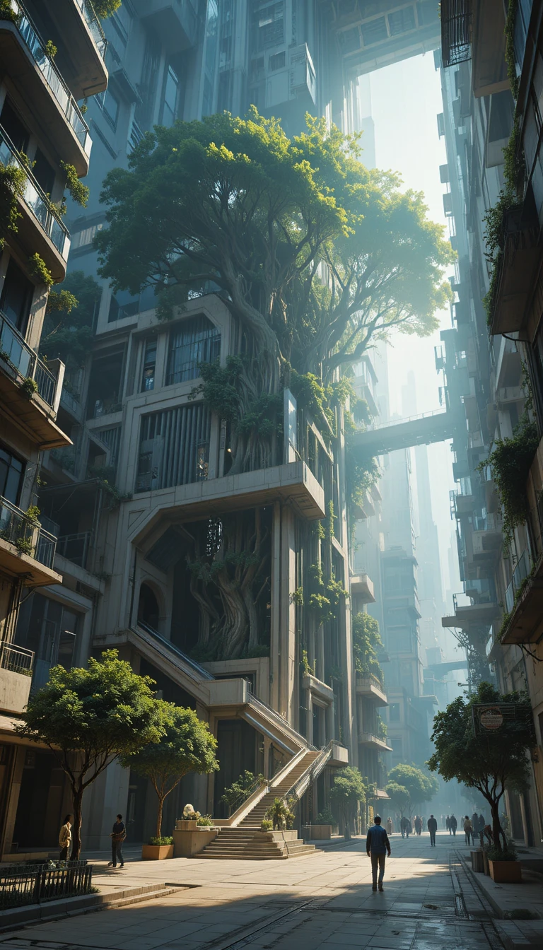 Futuristic city bridge and tower with tree after the rain