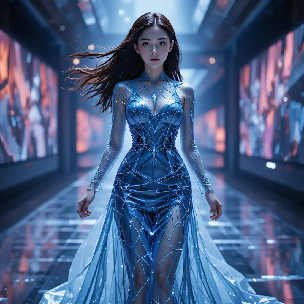 Korean student in prism gown walking on quantum runway