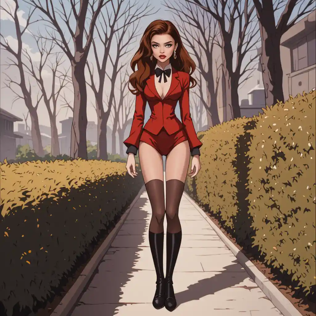 Blonde woman in red and black suit on sunny sidewalk