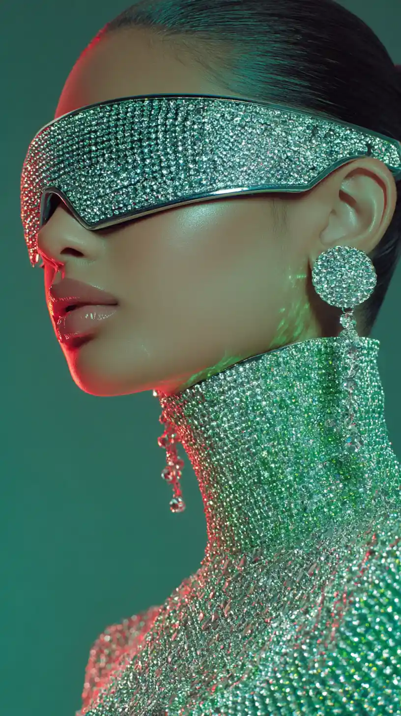 Futuristic woman portrait with crystal visor and earrings