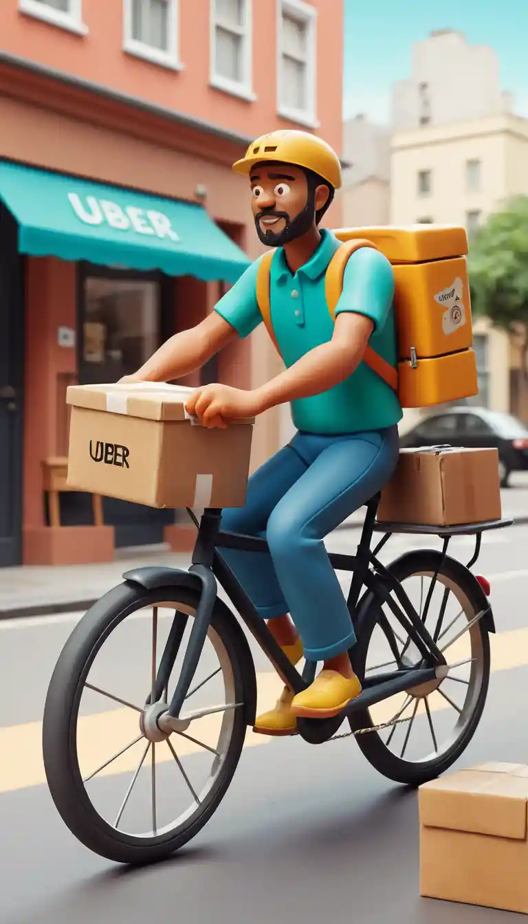 Playful clay delivery man riding a bicycle through town