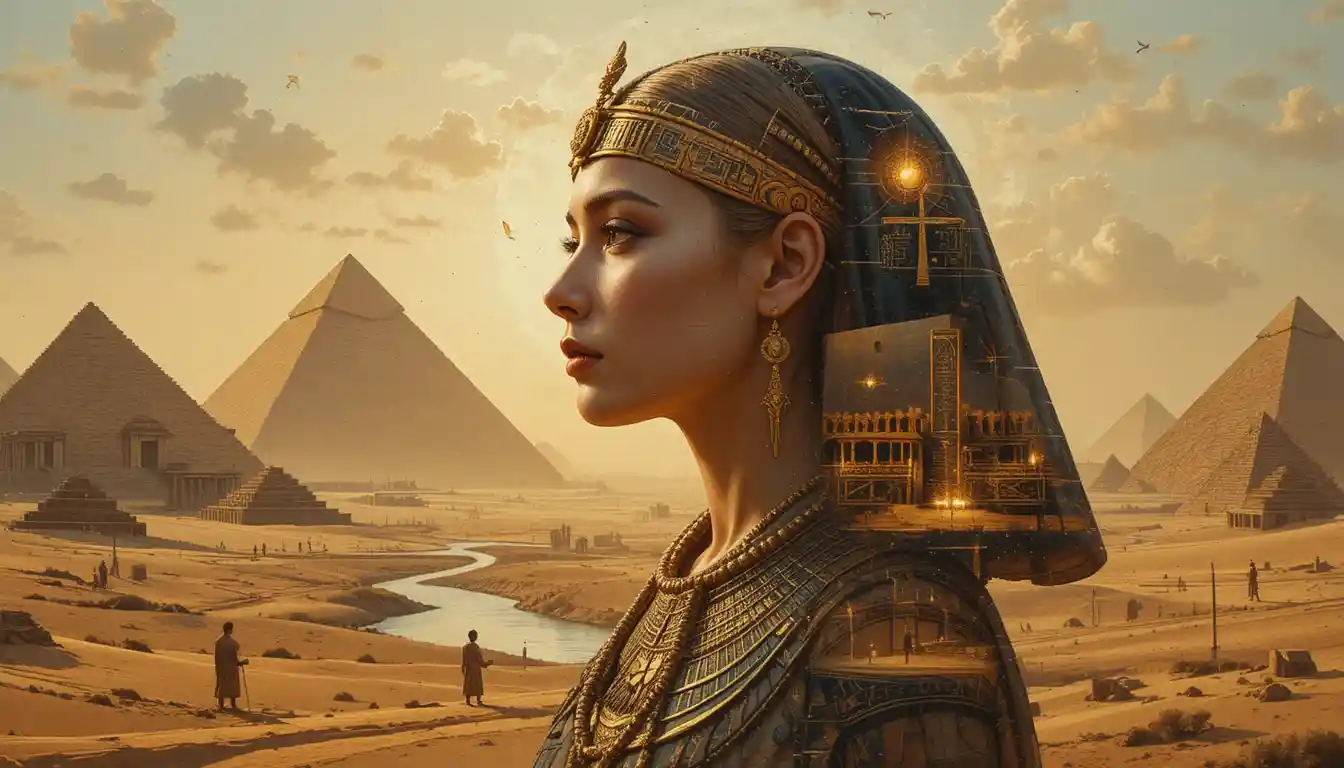 Ancient Egyptian priestess portrait in glowing impasto double exposure