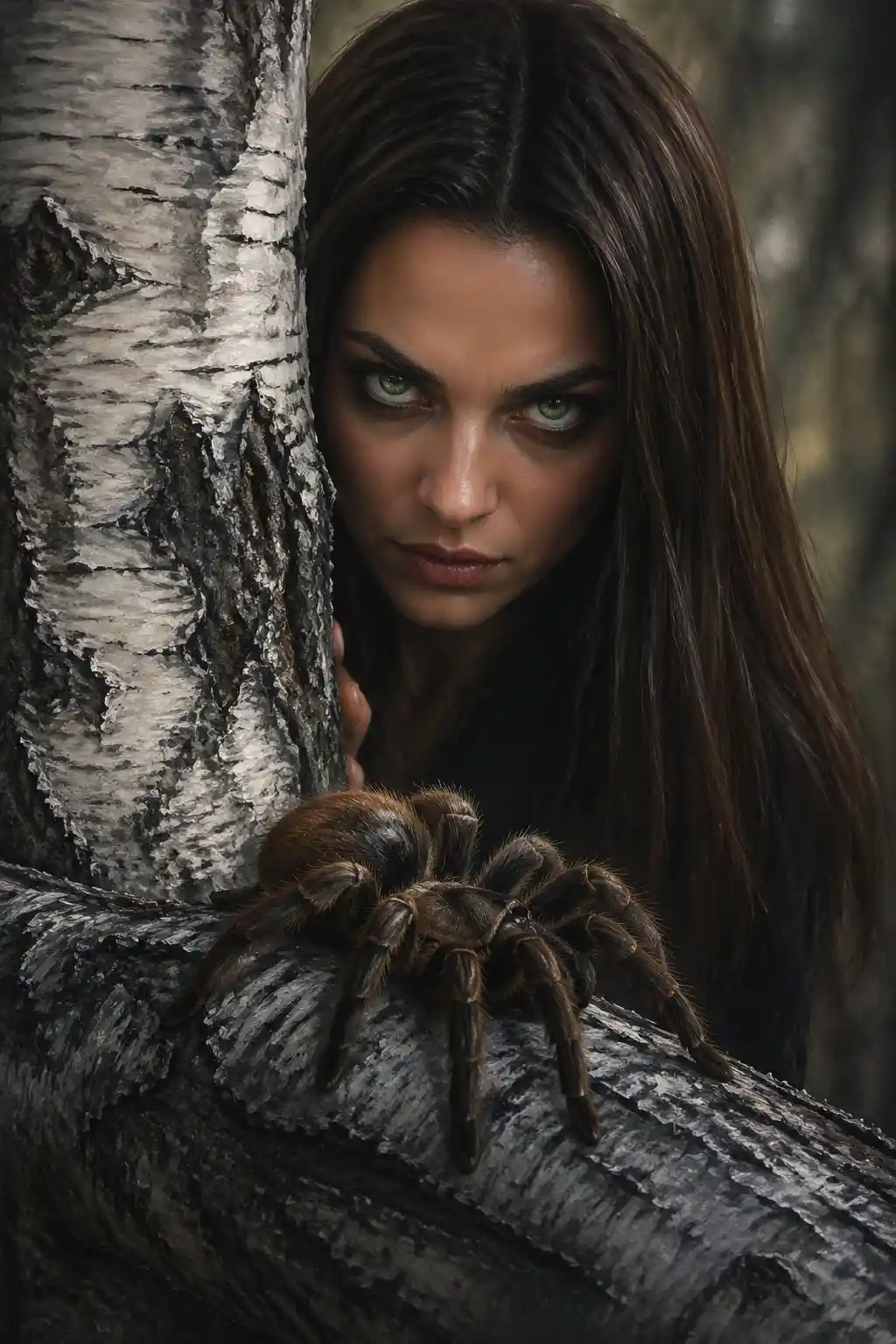 Sinister green eyed woman behind birch tree at low angle