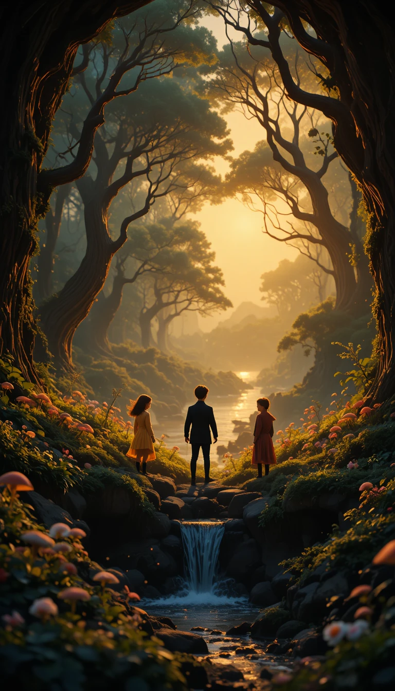 Mystical children and animals in an enchanted forest clearing