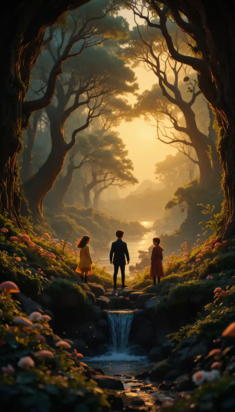 Mystical children and animals in an enchanted forest clearing