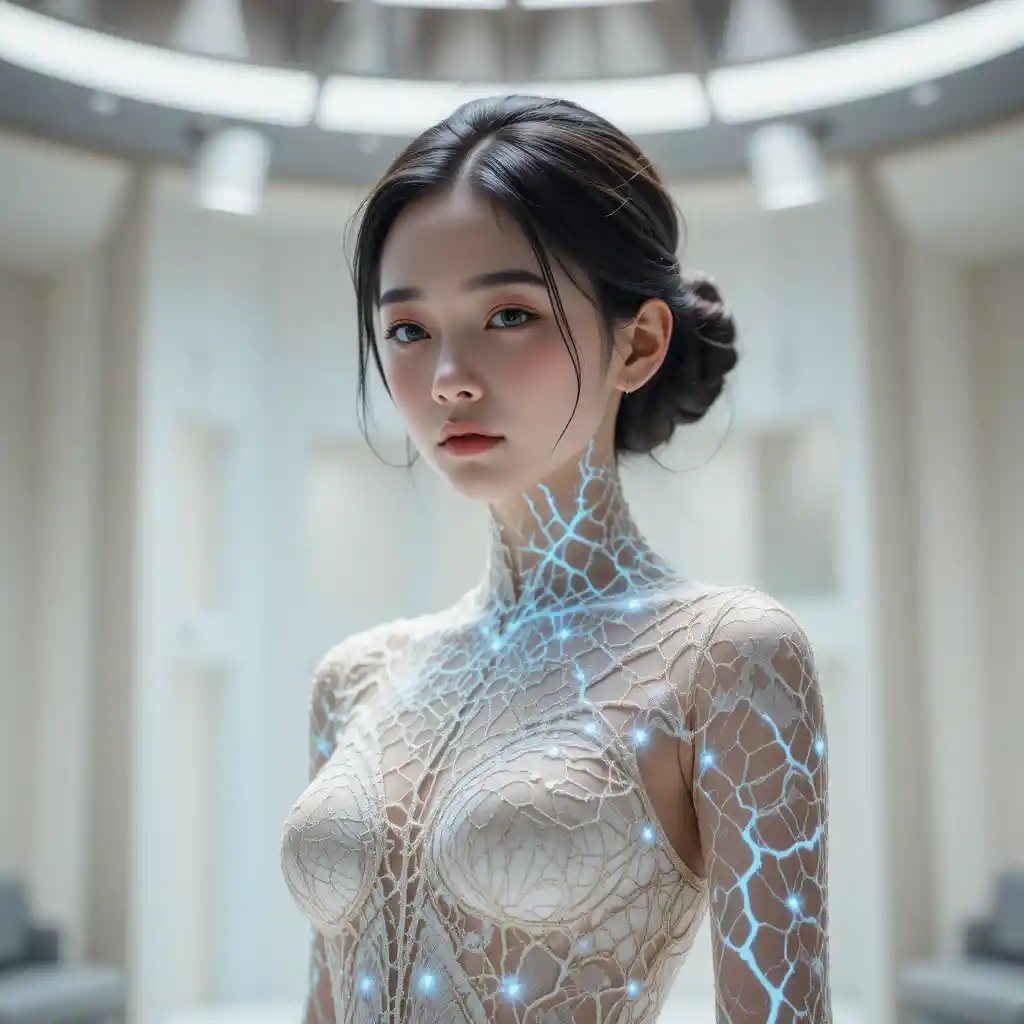 Korean student in neural lace gown on circular runway spotlight
