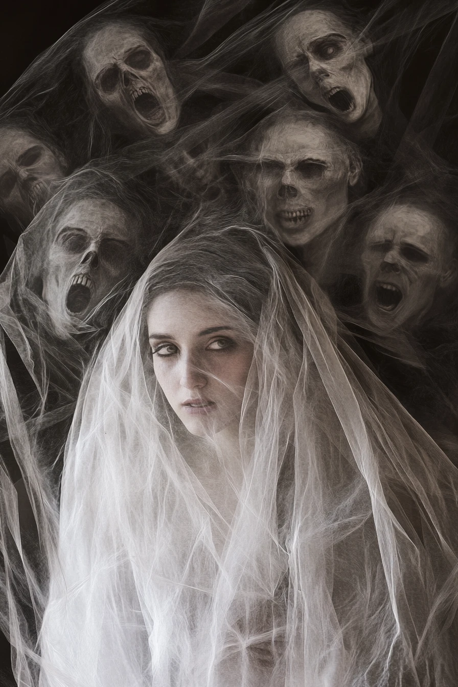 Veiled woman surrounded by swirling ghostly faces in darkness