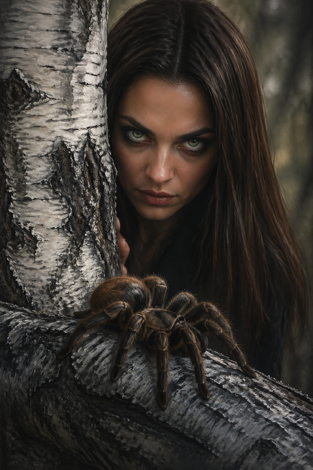 Sinister green eyed woman behind birch tree at low angle