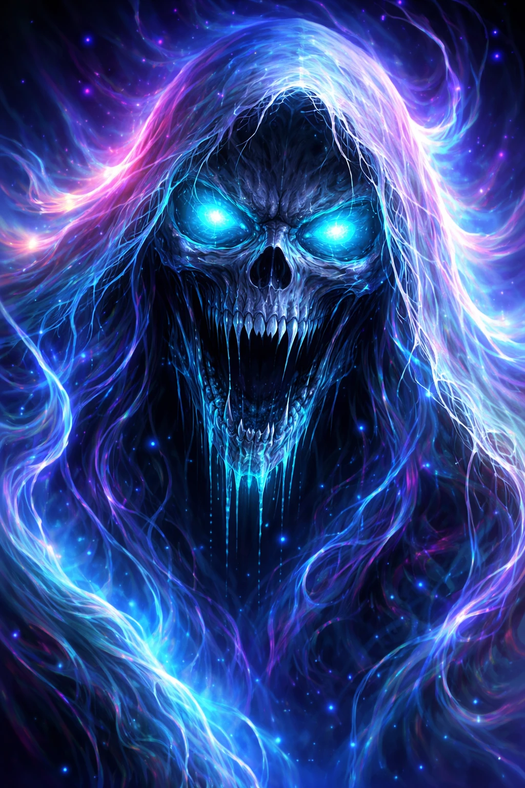 Eerie neon monster close up in ethereal gradient glow