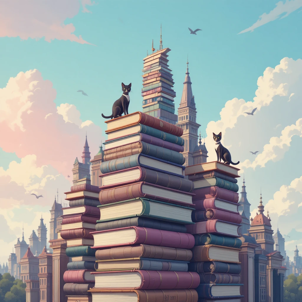 Whimsical cat city built from towering antique books