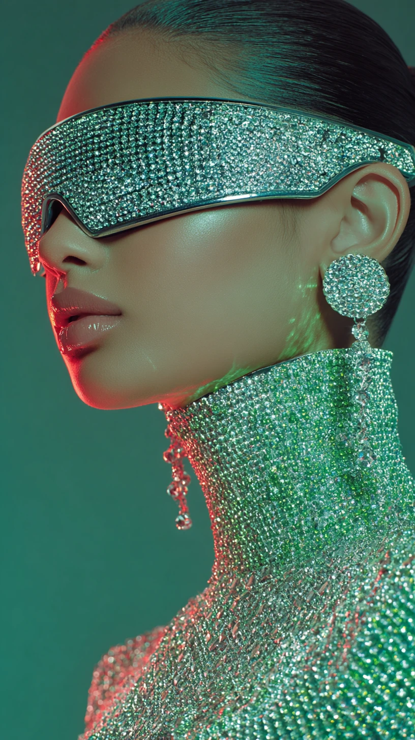 Retrato futurista de mujer con visera de cristal y pendientes