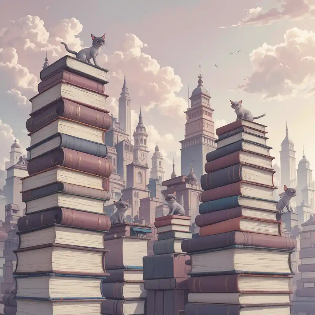 Whimsical book city with stylish cats under pastel skies