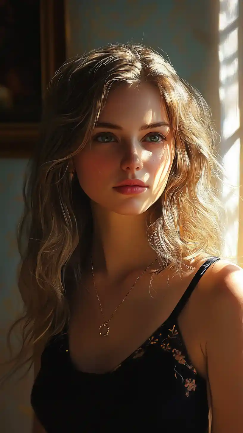 Elegant young woman by a sunlit window in lace