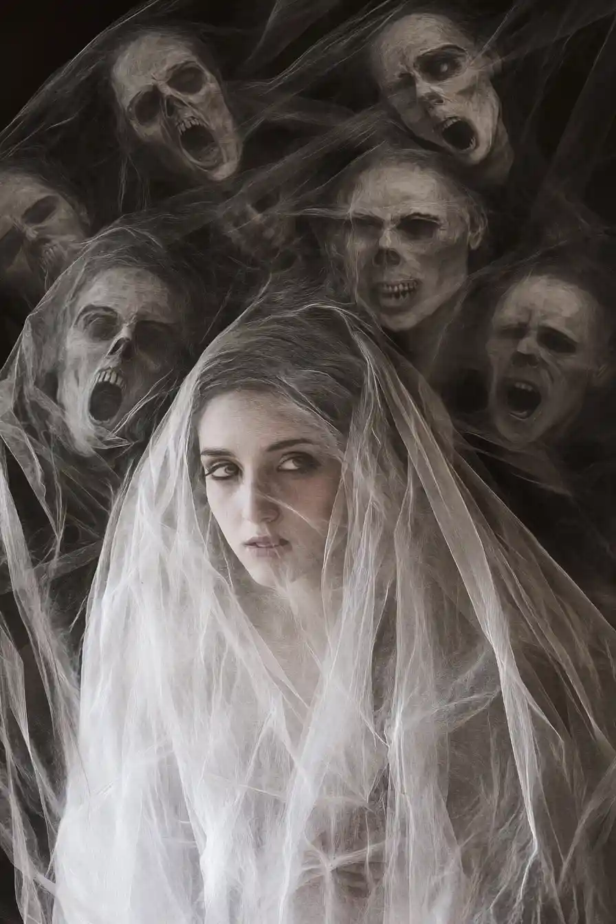 Veiled woman surrounded by swirling ghostly faces in darkness