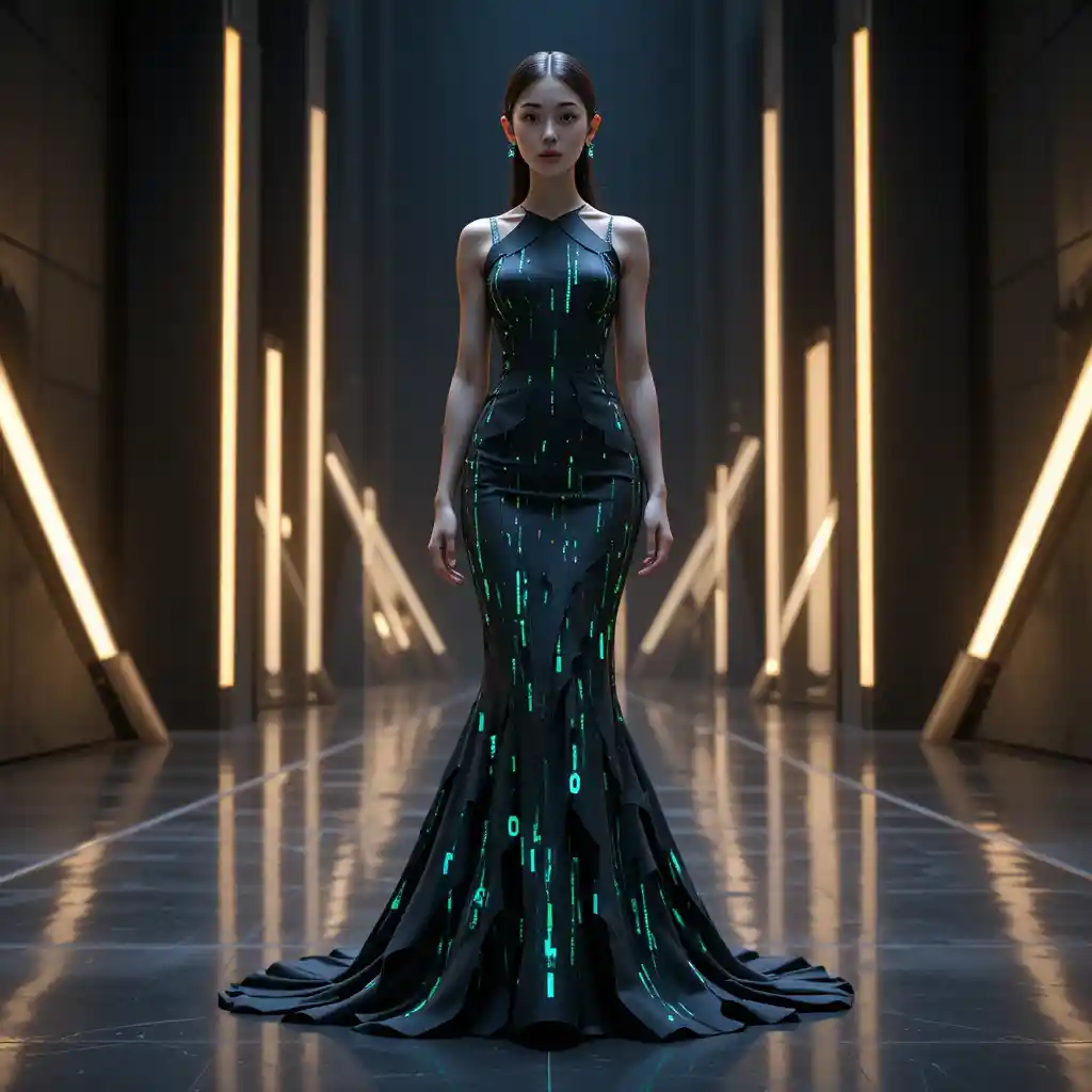 Korean student in binary code gown on digital stage