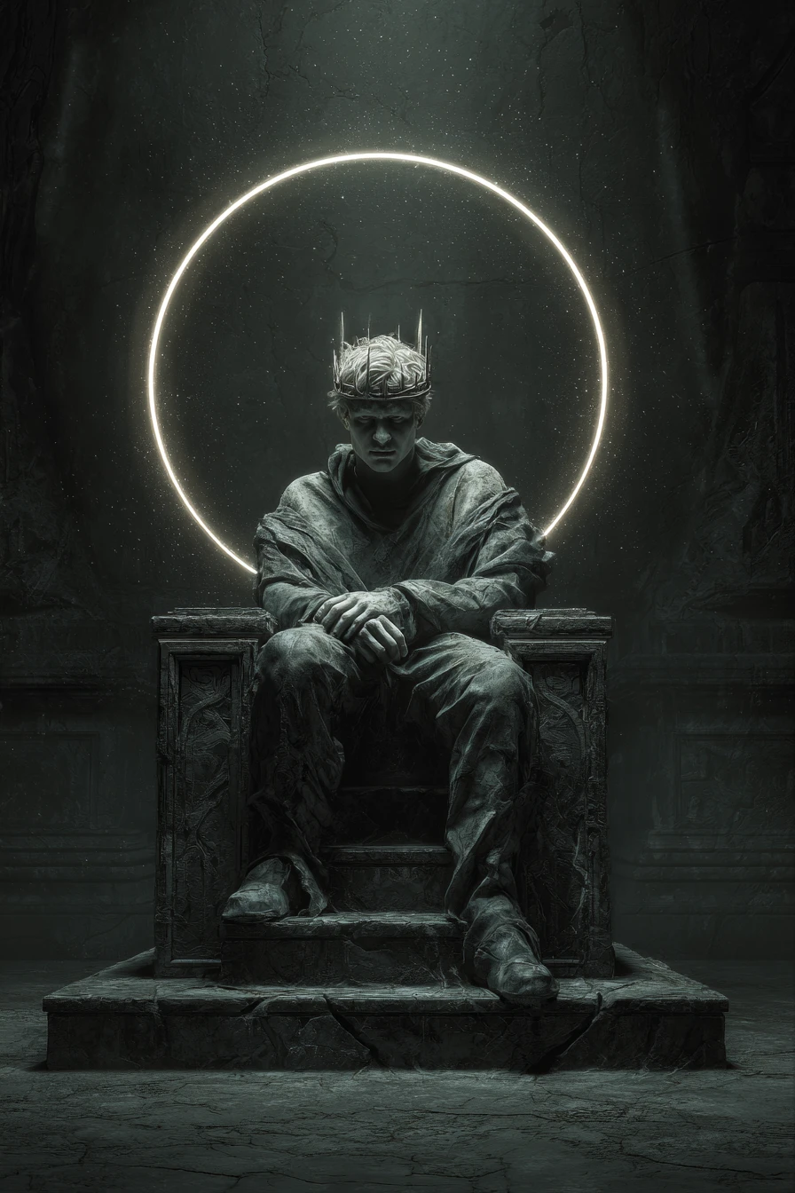 Solemn Medieval King On Obsidian Throne In Moonlit Hall