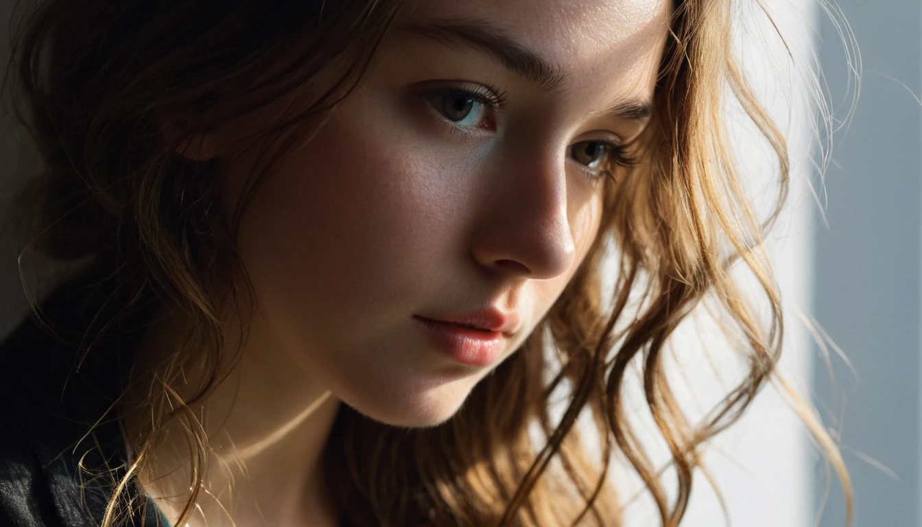 Retrato en primer plano de una mujer joven con mirada pensativa hacia abajo