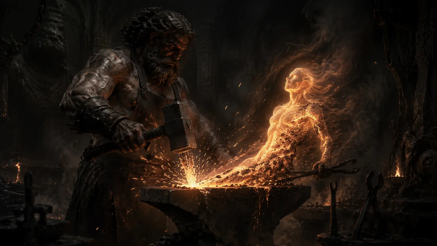 Hephaestus forging a soul from blazing creative fire