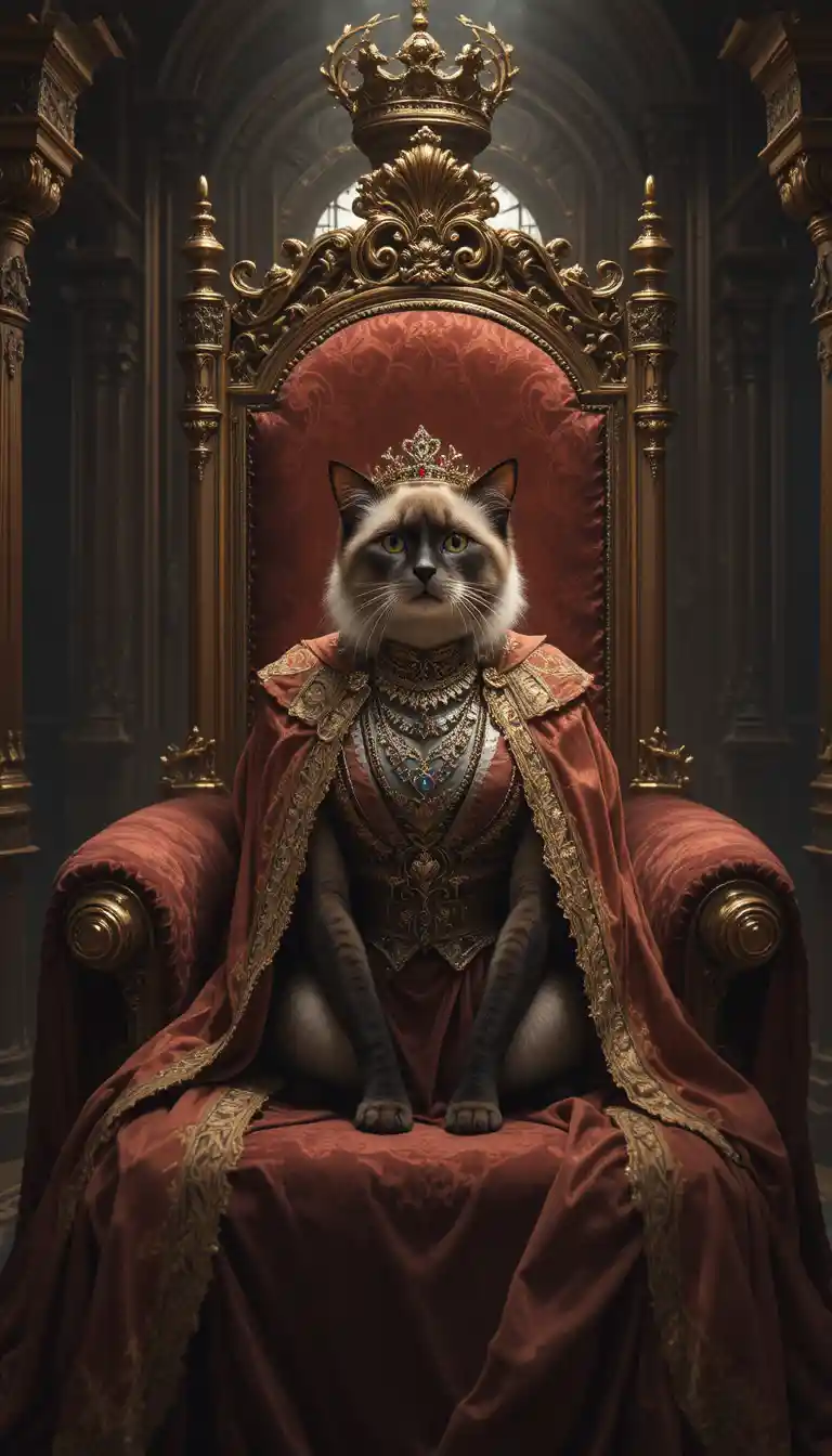 Regal siamese cat wearing a jeweled crown on a throne