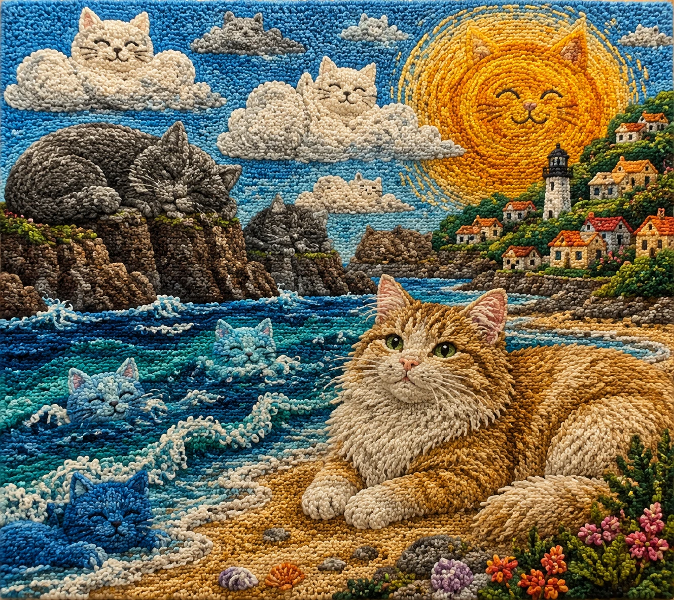 Punch needle coastal landscape with playful woven cats