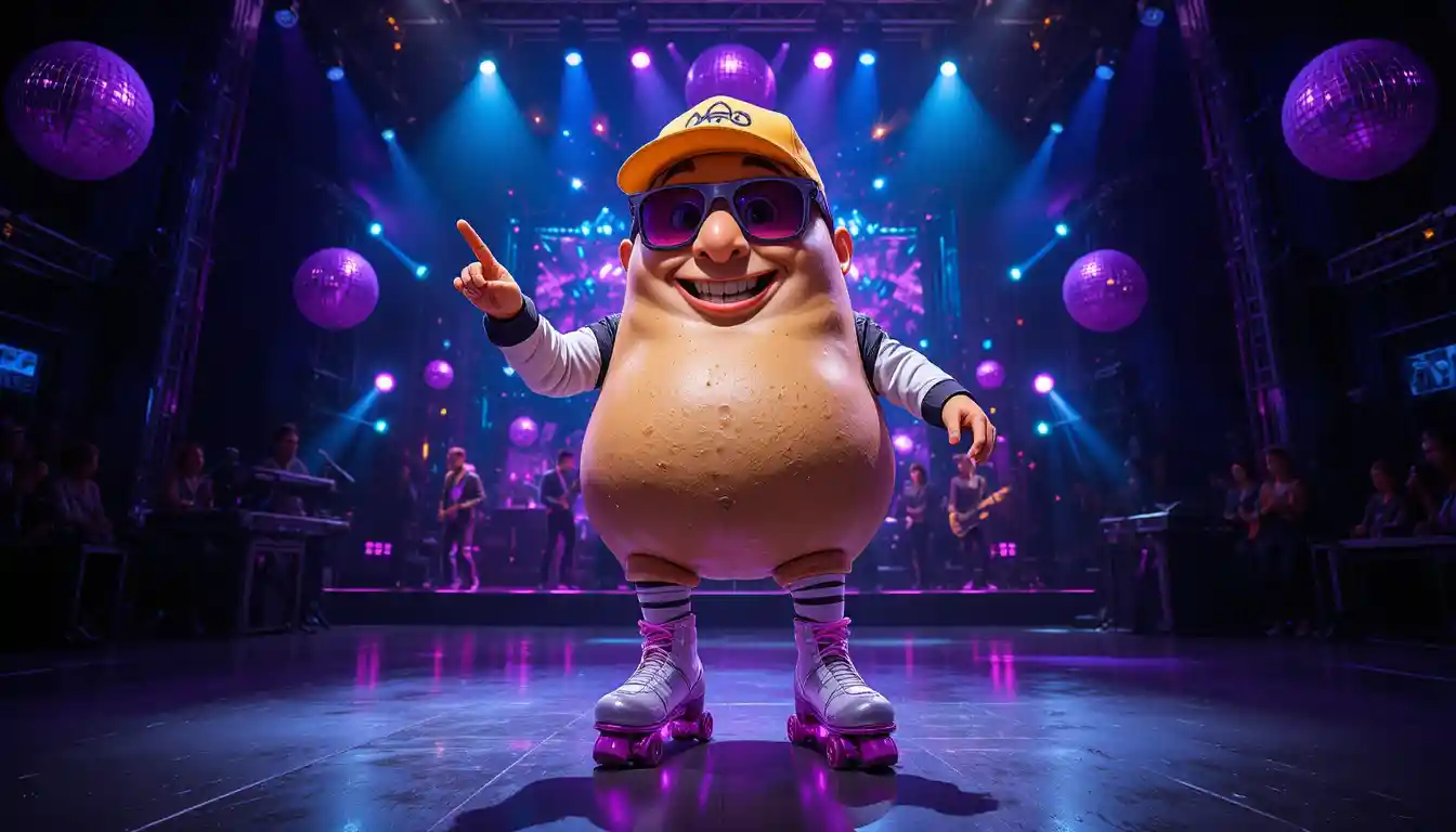 Potato costume character dancing on a vibrant stage