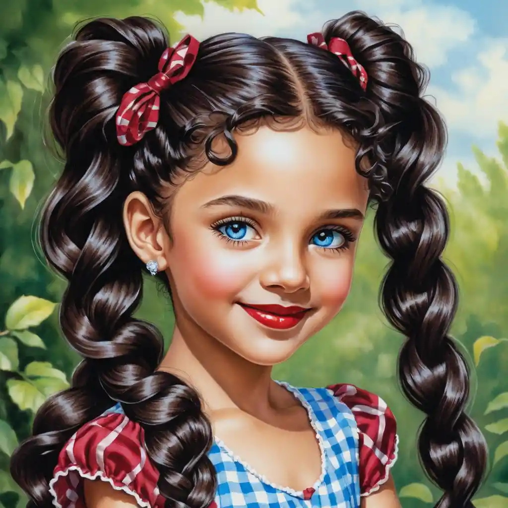 Smiling girl with long curly hair in a summer dress