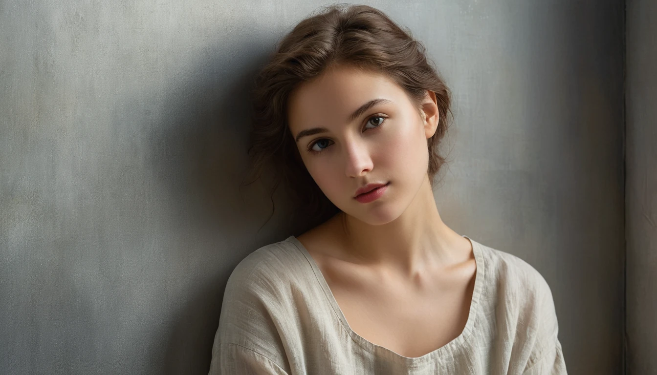 Young woman leaning against a metallic wall in soft light