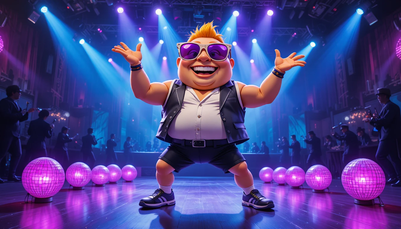 Dancing potato mascot on vibrant concert stage illustration