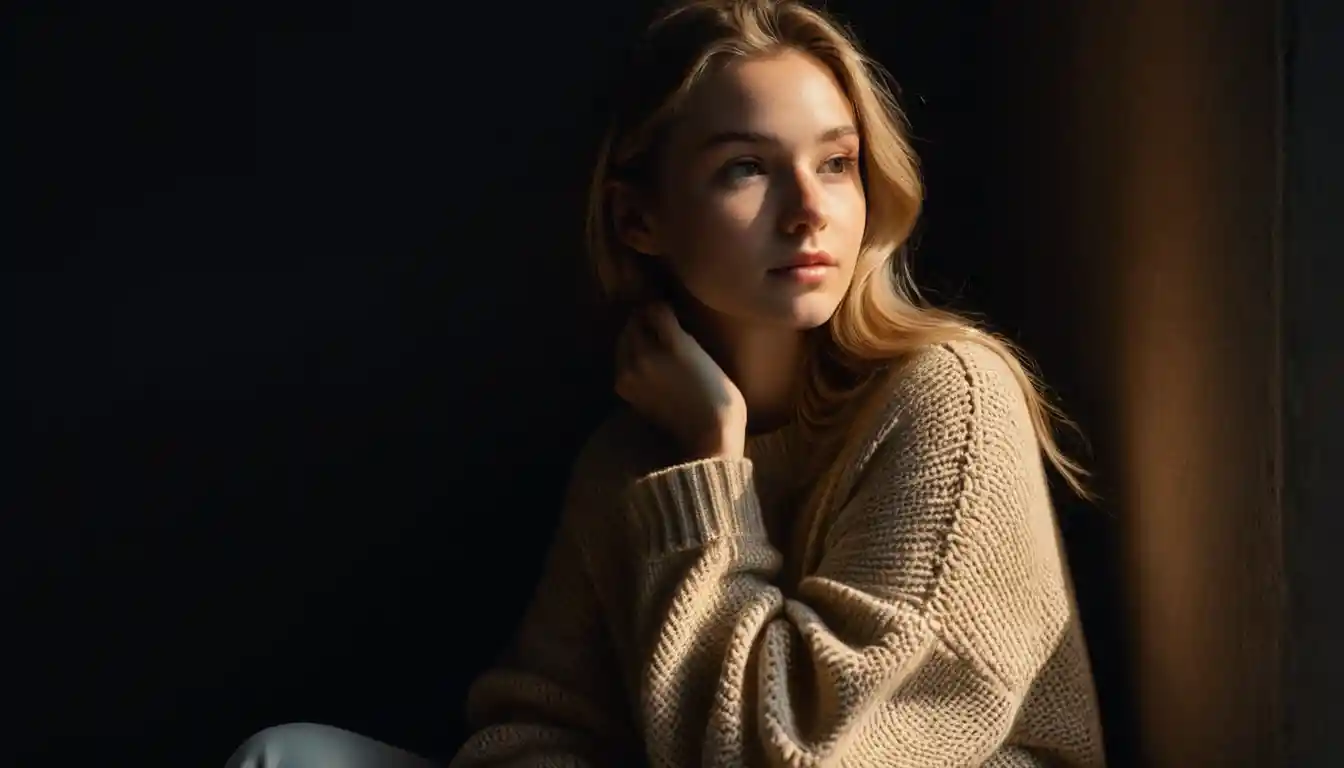 Young woman in beige sweater in dramatic side light