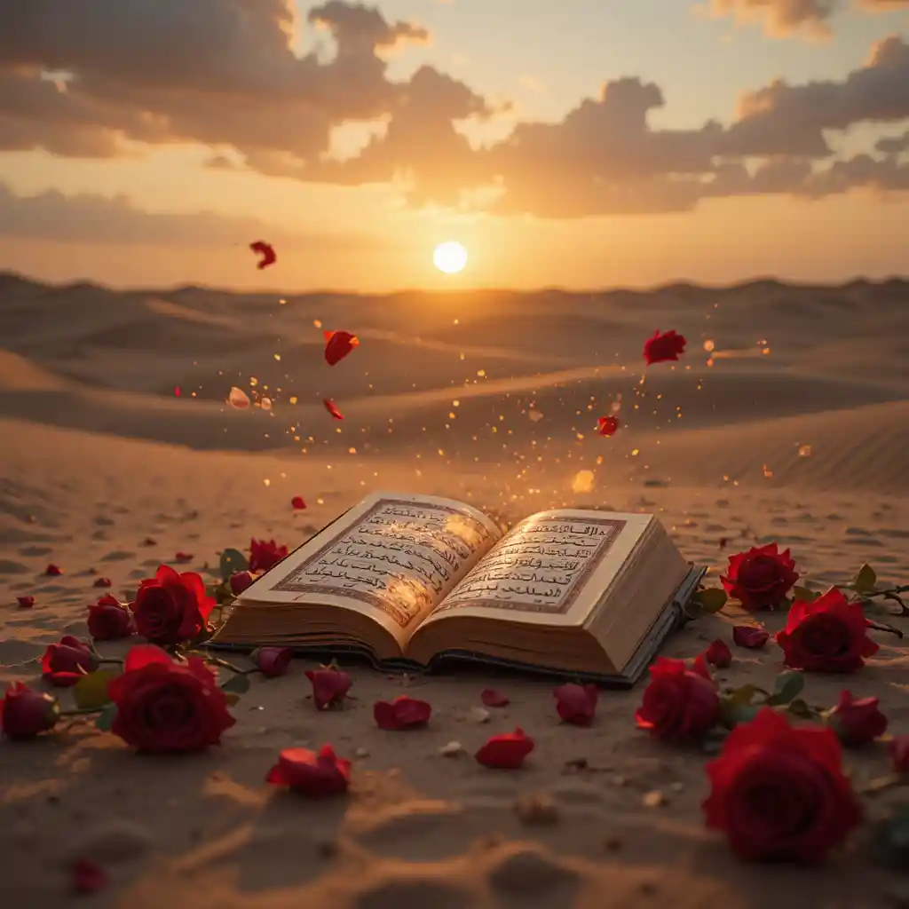 Glowing Ancient Book In Desert Sand With Roses At Sunset