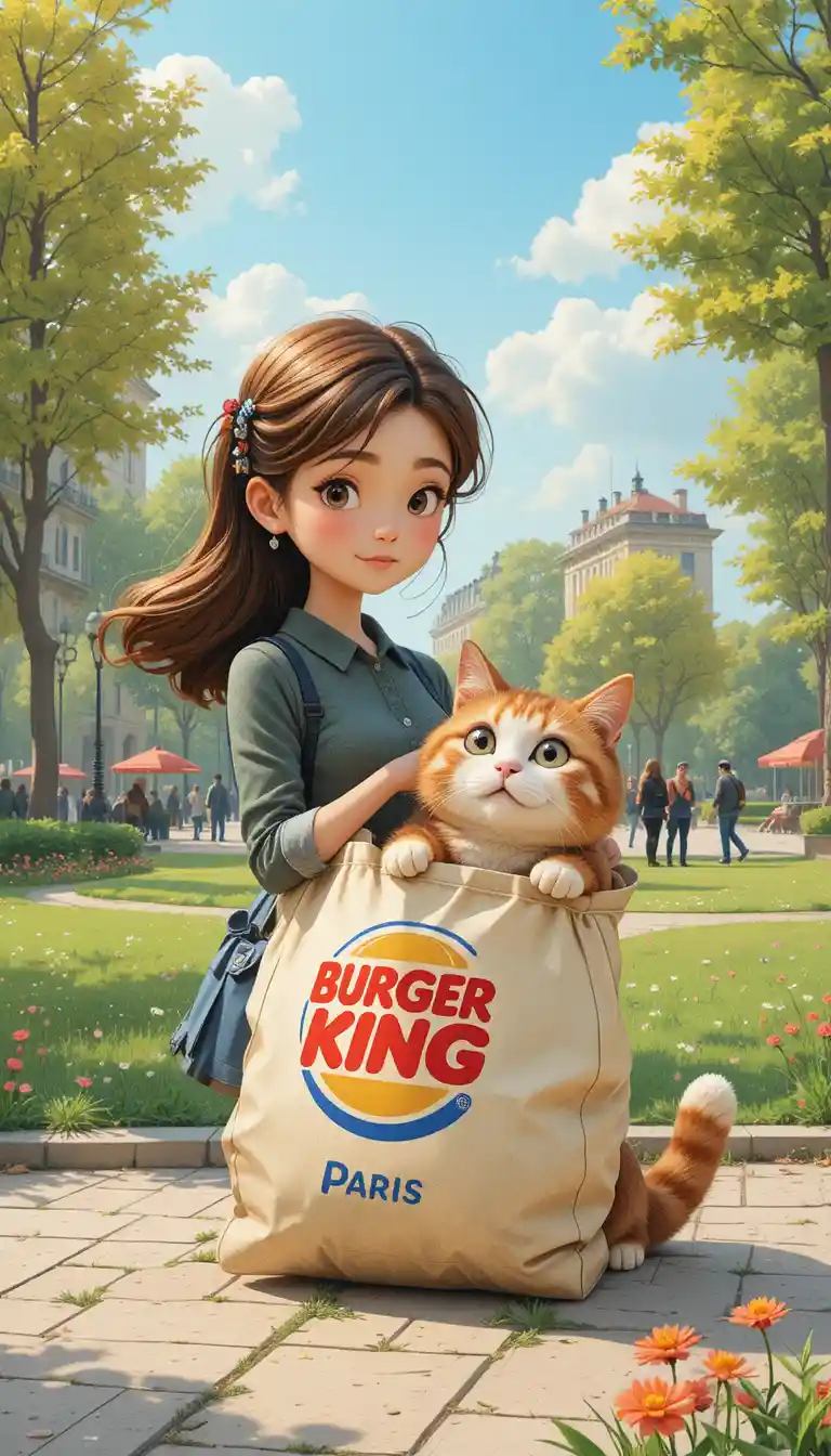 Girl walking her cat through a sunny Paris city park