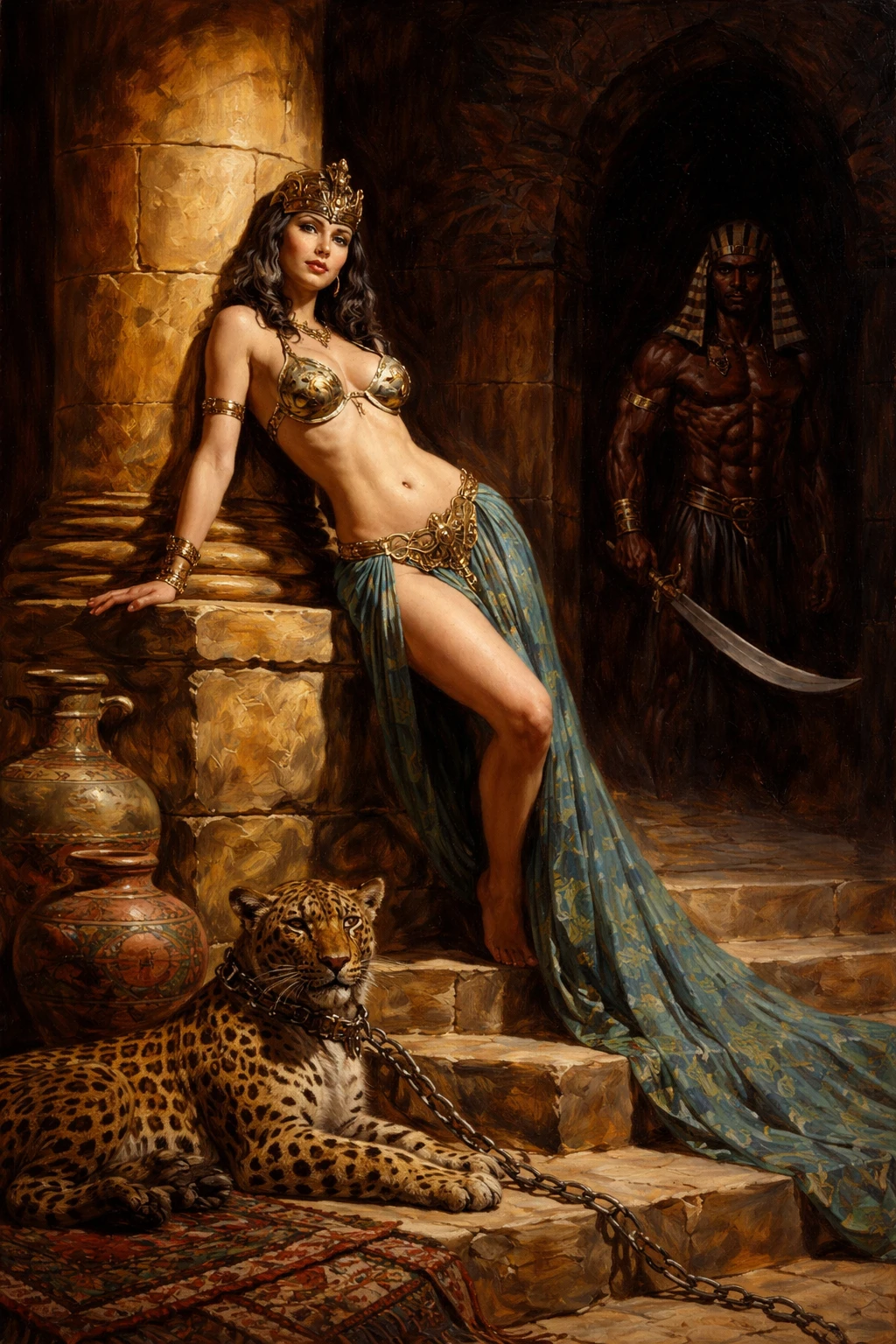 Egyptian queen leaning on a pillar in a shadowy temple