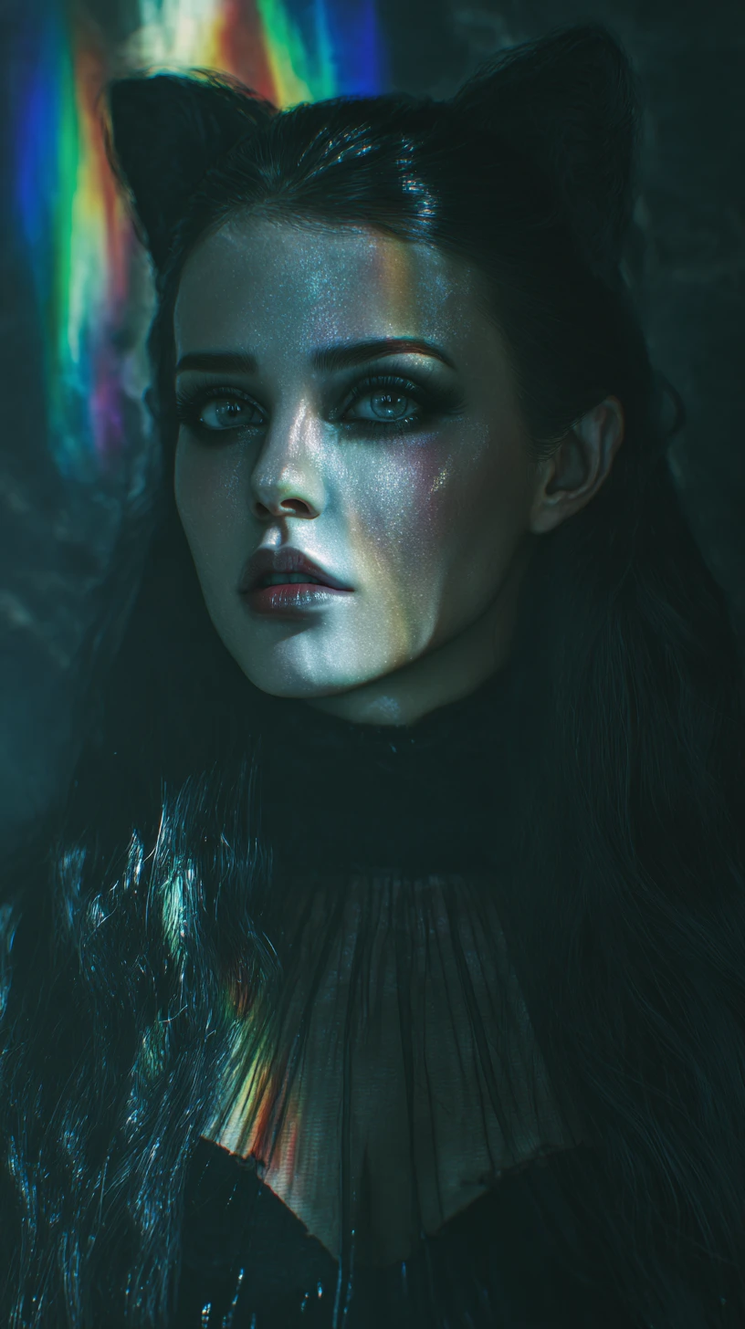 Femme-chat arc-en-ciel mystique hybride dans une dark fantasy surréaliste