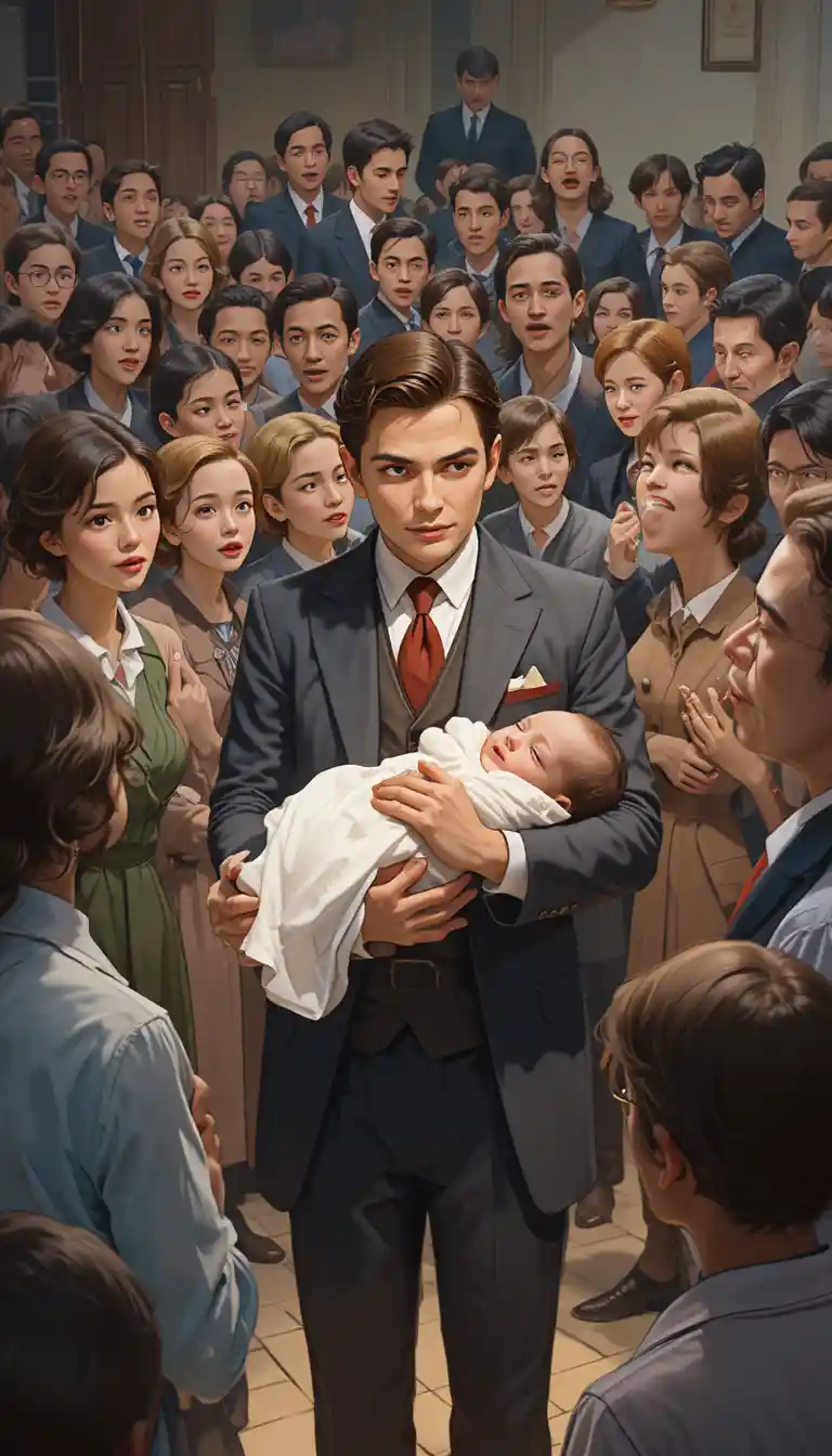 Man In Vintage Suit Holding Baby Amid Shocked 1930s Crowd