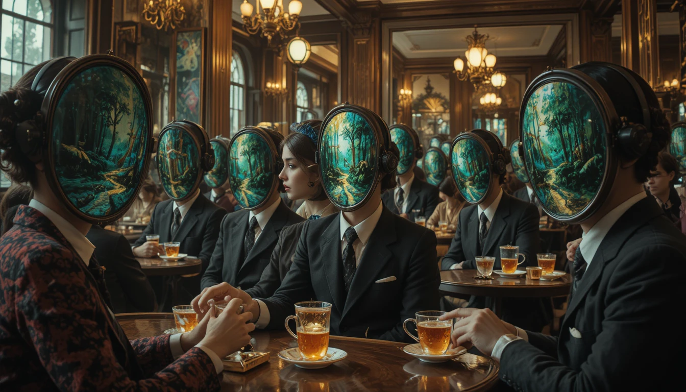 Surreal Parisian cafe with mirrors and rainbow tea cups