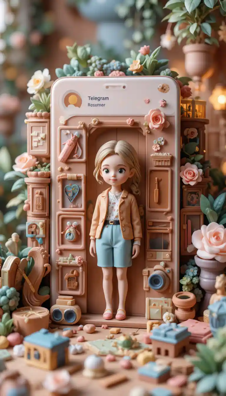 Lehm-Diorama einer Frau, die aus einem Telegram-Profil tritt