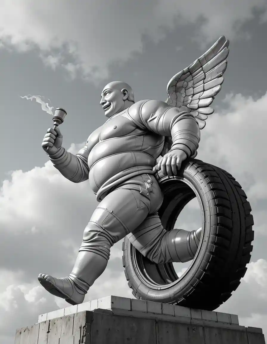 Cheerful cartoon mascot walking with a car tire