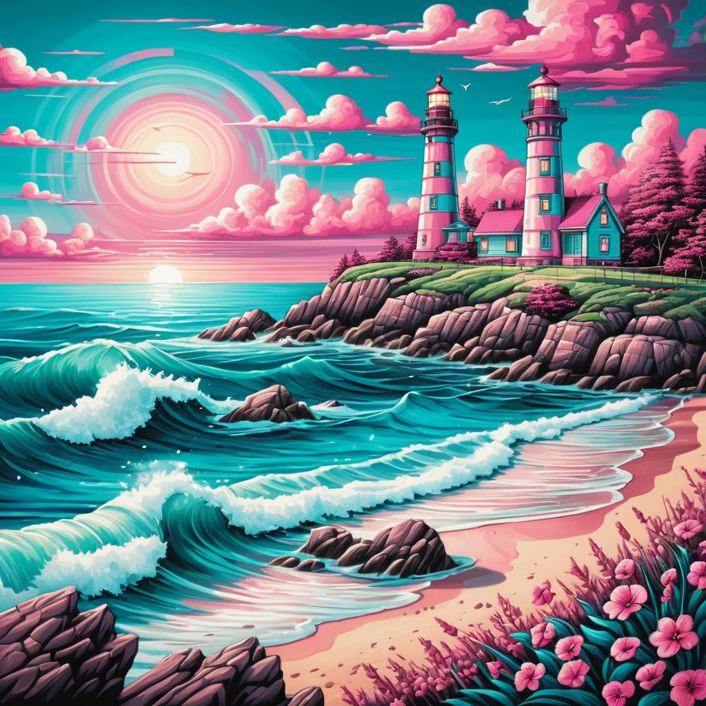 Close up cartoon lighthouse against a turquoise summer sea
