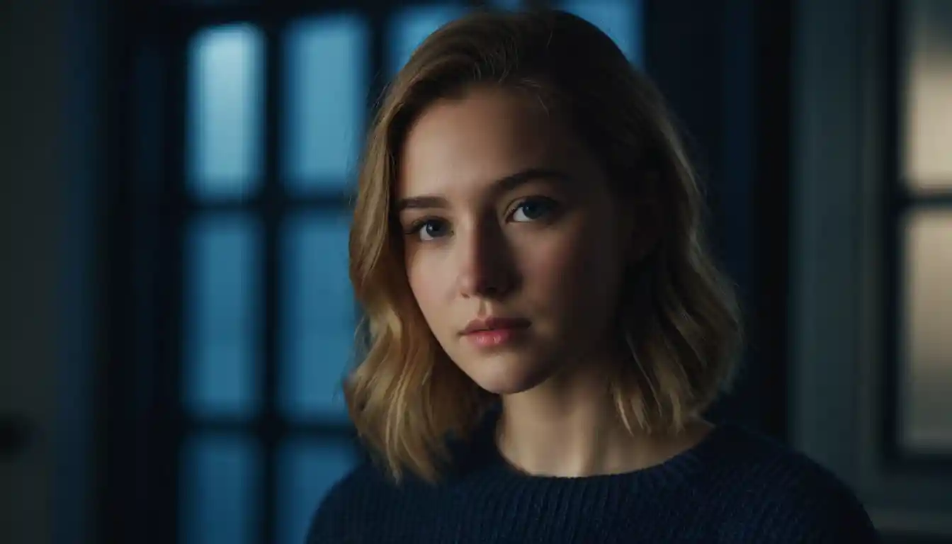 Young woman in moody rembrandt light in a dim laboratory