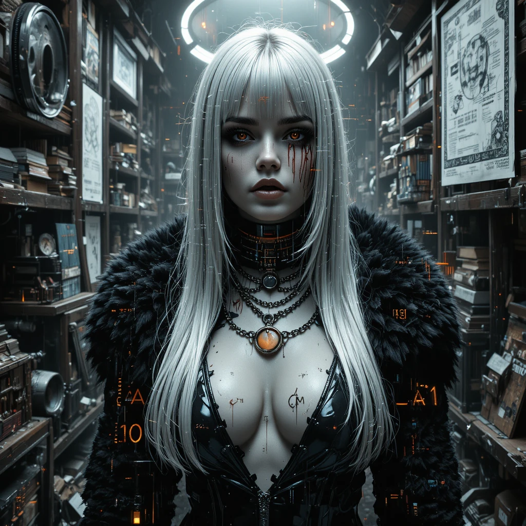 Retrato techno noir de uma mulher em um arquivo cibernético em glitch