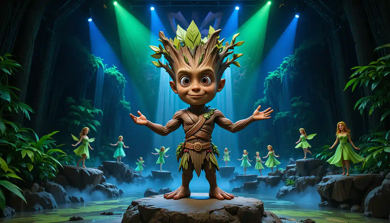 Whimsical tree creature on stage in lush jungle setting