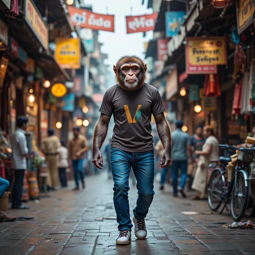 Realistic monkey walking upright in an Indian street market