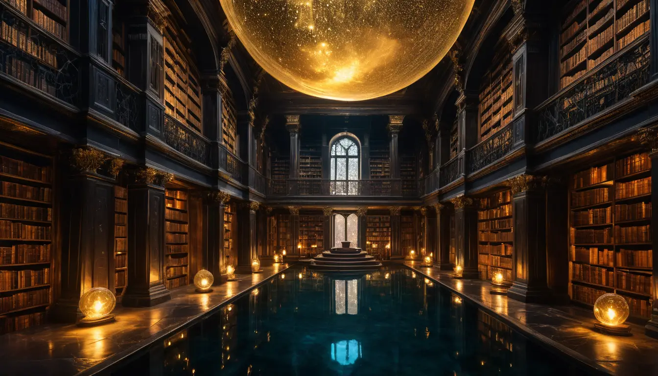 Surreal golden library over a dark reflective pool