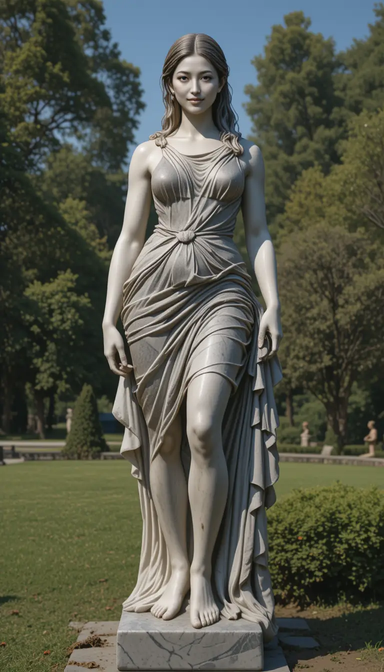 Roman marble statue of a young woman in a sunny park