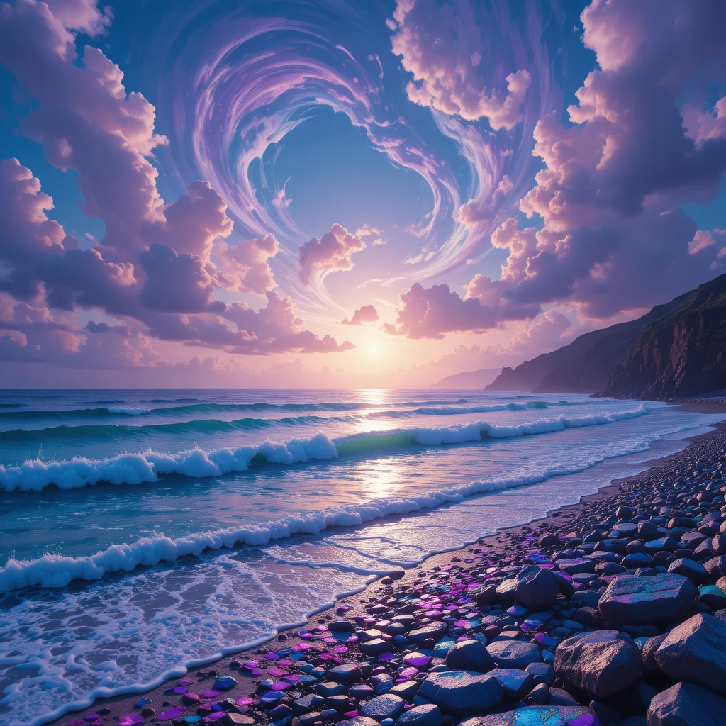Surreal Iridescent Ocean Under A Radiant Fantasy Sky
