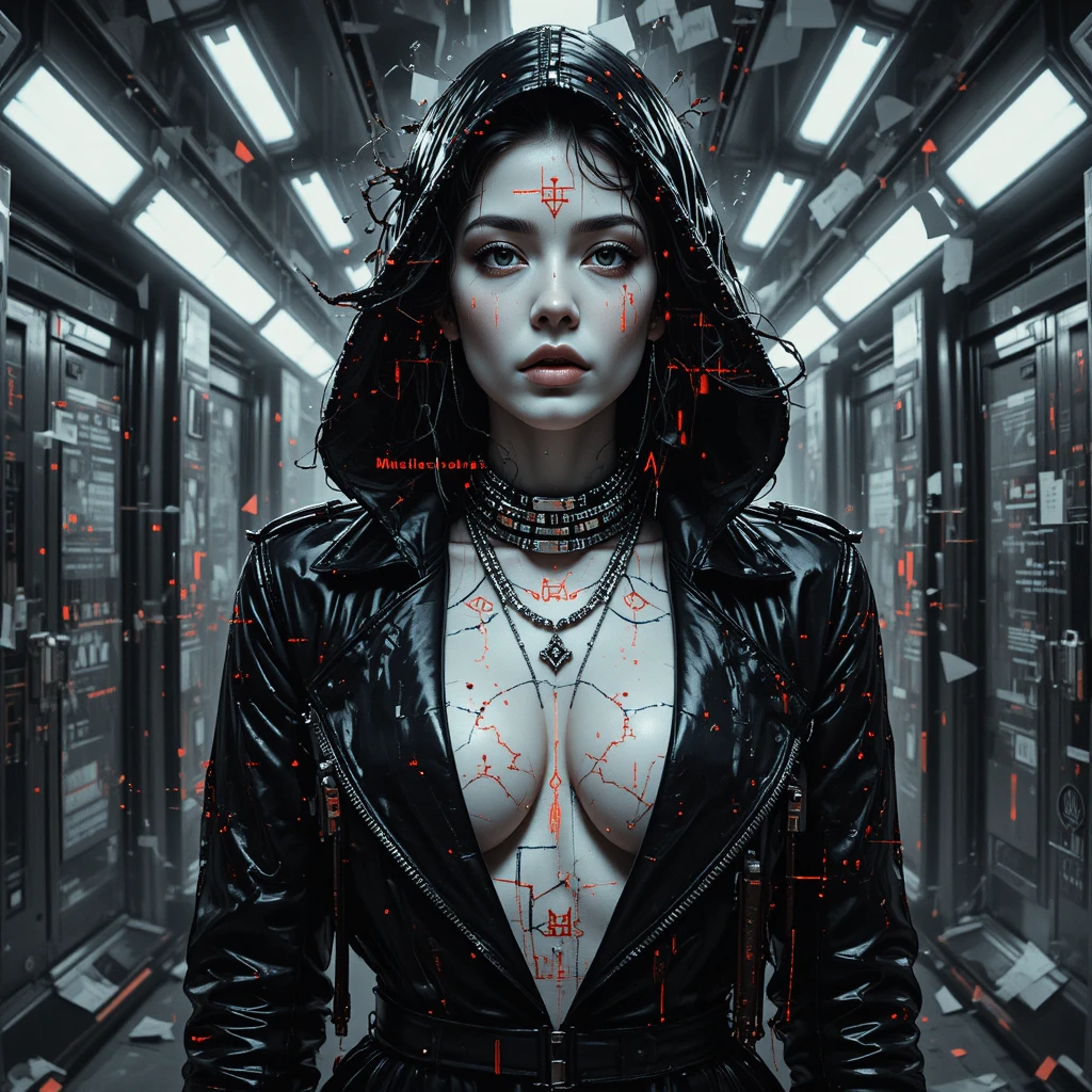Mujer cyberpunk surreal disolviéndose en estática con glitches
