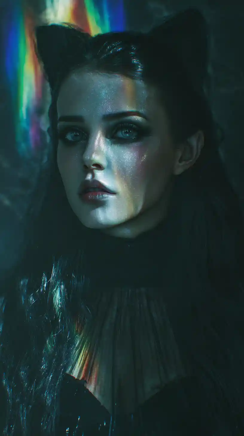 Mystical rainbow woman cat hybrid in surreal dark fantasy