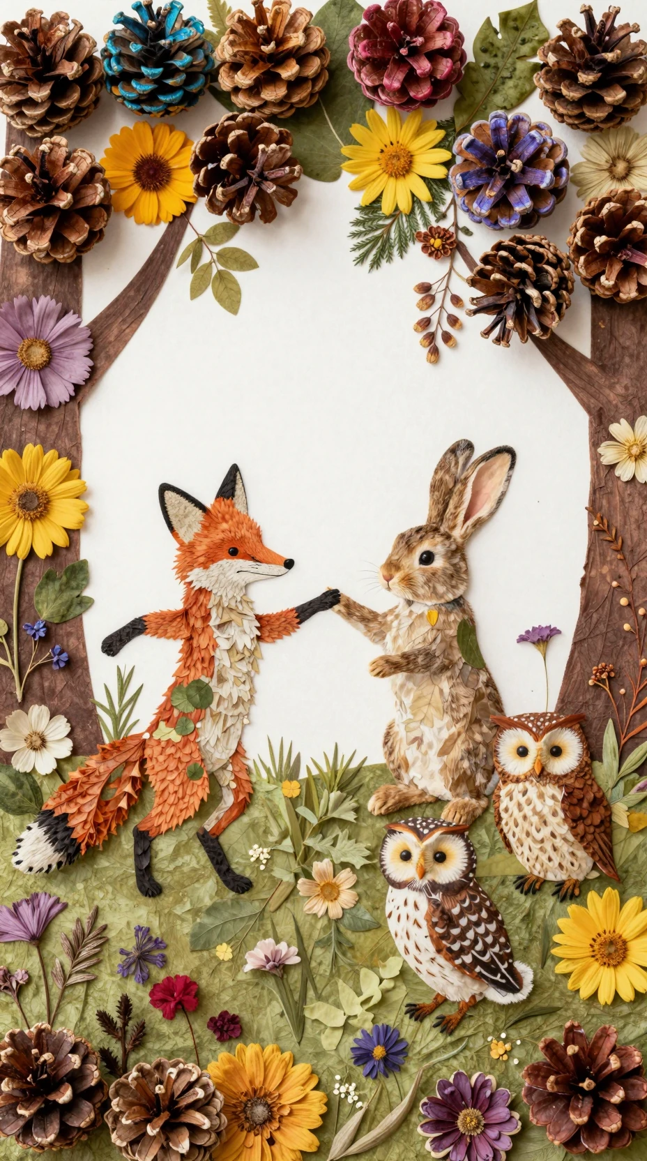 Whimsical forest animals dancing in a floral paper collage