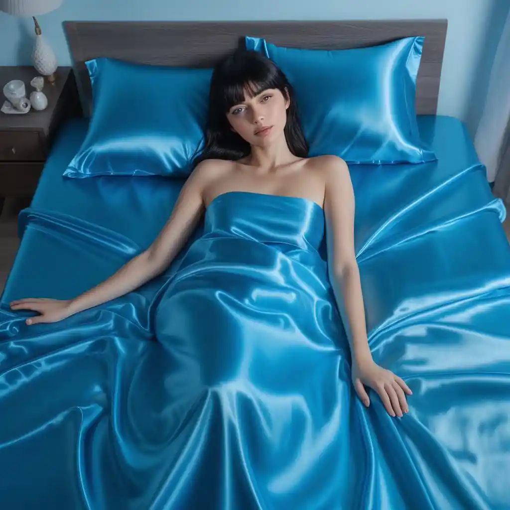 Beautiful woman lying on shiny blue satin bed sheets