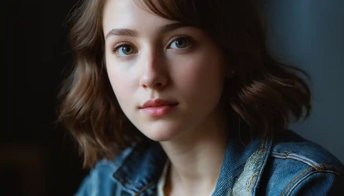 Melancholic young woman in Rembrandt light medium close portrait